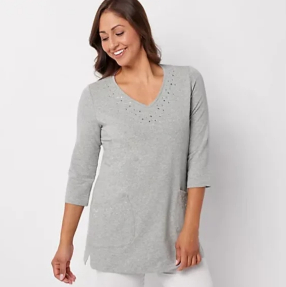 NWT Quacker Factory Tunic Top Bling V-Neck with Sparkle Pockets, Size L